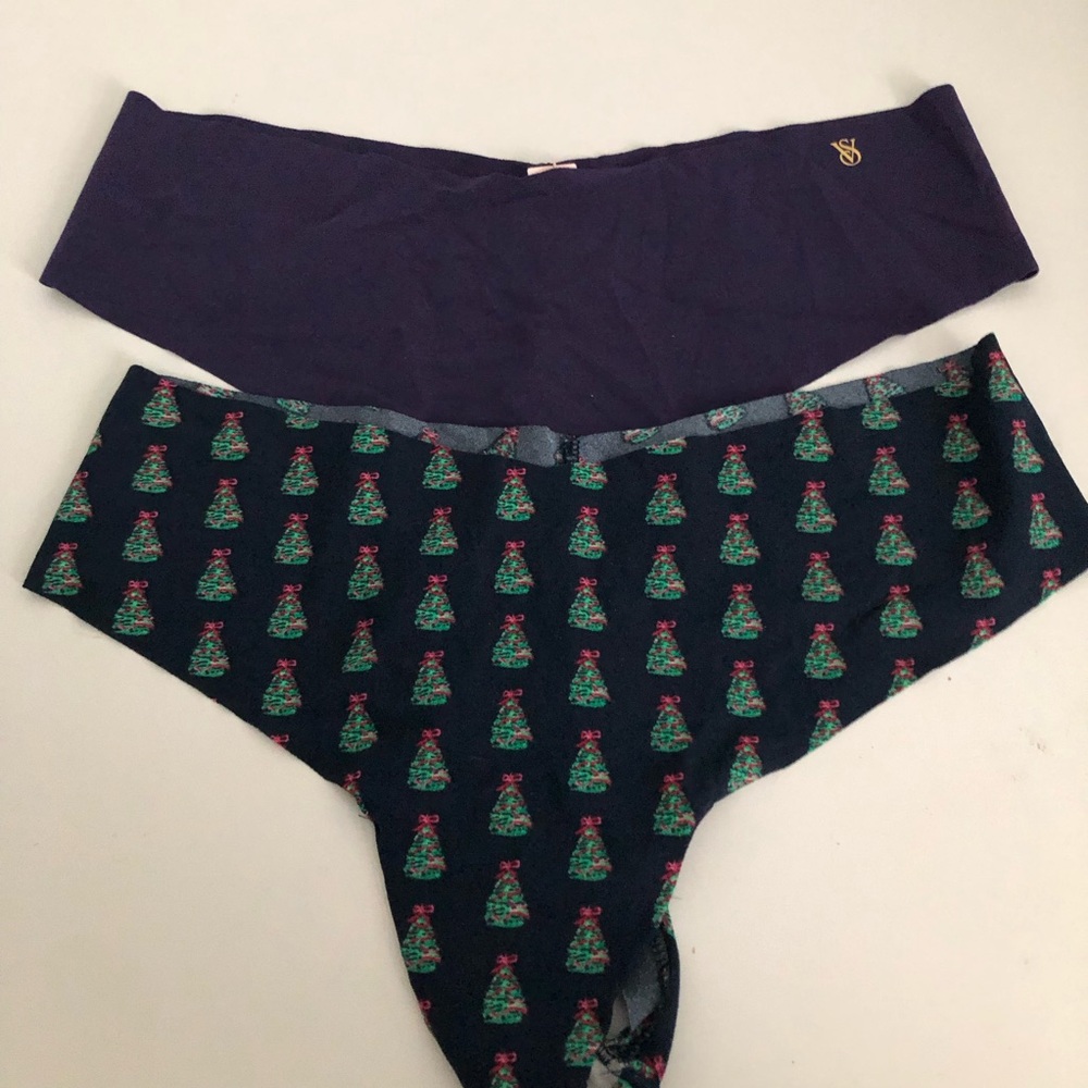 Victoria’s Secret Purple and Christmas Tree Printed Set of Bikini Thong Panties